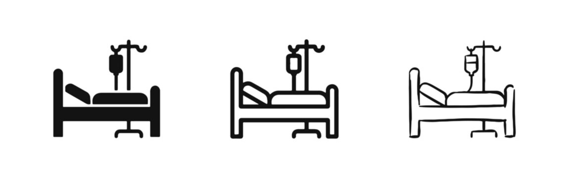 Hospital bed icons set, medical treatment symbol with IV drip, healthcare and patient care concept