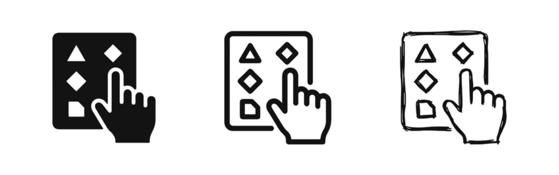 Choice and selection icons set, hand clicking on shape grid symbol, multiple options decision concept