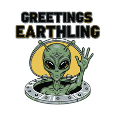 Friendly alien waving hello with greetings earthling text Design © MdAnisul