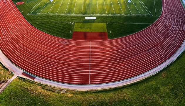 aerial view of a red running track with marked lanes and curved lines athletic stadium section with part of a green football field sports and fitness concept