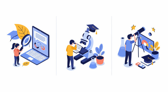 Science education research set microscope telescope laptop students learning biology astronomy physics and data analysis