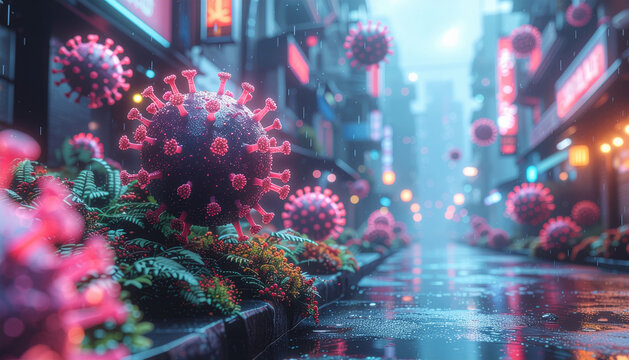 Fondo artistico conceptual de virus coloridos en rosa y azul ne&oacute;n, en una ciudad futurista. Concepto sobre prevenci&oacute;n de epidemias y pandemias, concienciaci&oacute;n y tratamientos