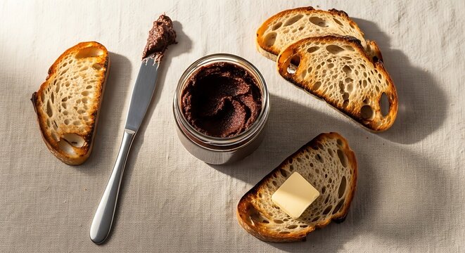 Fresh slices of toasted bread with a butter pat and a small glass jar of dark purple berry fruit jam. marmite
