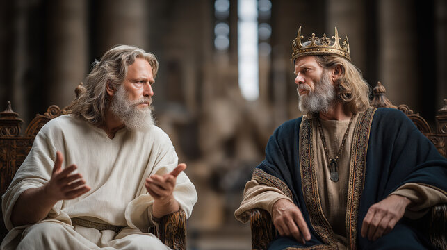 Nathan the prophet rebuking King David for his sin, biblical scene of confrontation and righteous anger, tense and dramatic atmosphere