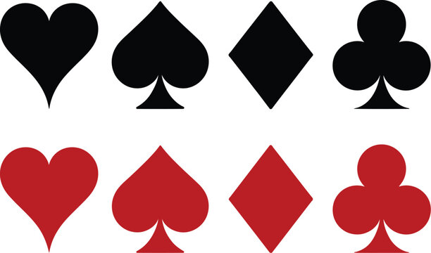 Black, poker card suit icon collection with red and black hearts, spades, diamonds, and clubs in clean vector style suitable for gambling visuals, entertainment branding, and casino interfaces.