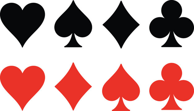 Black, and red playing card icon featuring traditional poker suit symbols with hearts, spades, diamonds, and clubs ideal for casino themes, gaming apps, and card game design projects.