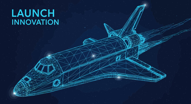 Space shuttle taking flight in a stylized wireframe graphic symbolizes the rapid launch of new business ventures and innovative growth strategies.