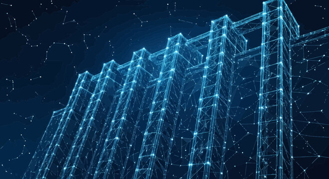 Skyscraper architecture is visualized as a futuristic digital mesh of glowing structural building frames.