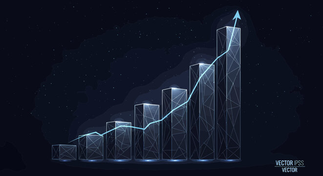 Bar graph showcasing financial growth trends is rendered with digital wireframe nodes and glowing lines.