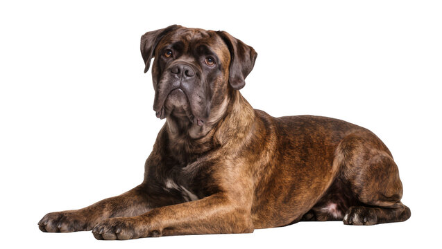 Brown brindle Dogue de Bordeaux lying down looking up