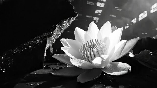 Black and White Still Life of a Water Lily Floating on Water with Dramatic Light and Texture