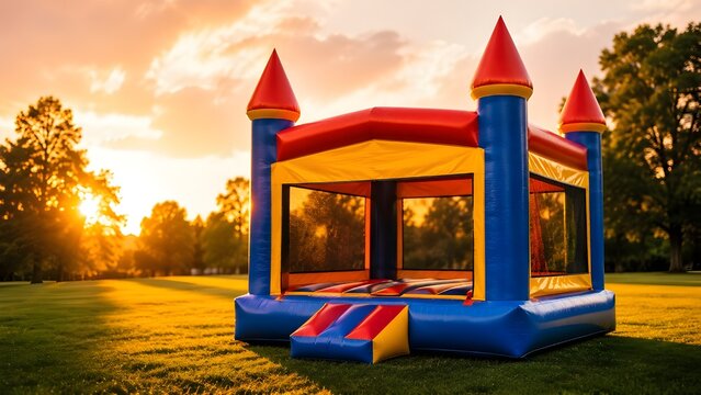 Empty inflatable bounce house at sunset in outdoor park