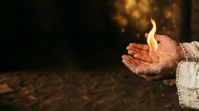 Divine Miracle: A sacred tongue of fire hovering over cupped hands in ancient attire with left-side copy space.