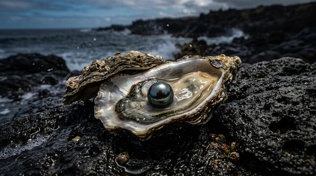 A lustrous dark pearl rests inside an open oyster shell in this detailed natural macro photograph.