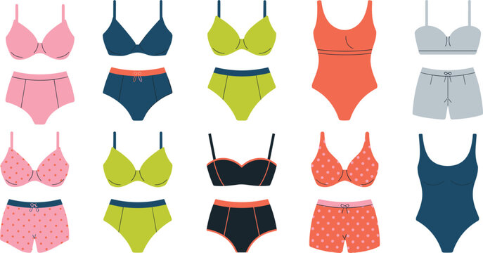 Vector illustration of a large collection of colorful women underwear sets including bras and panties in various flat styles.