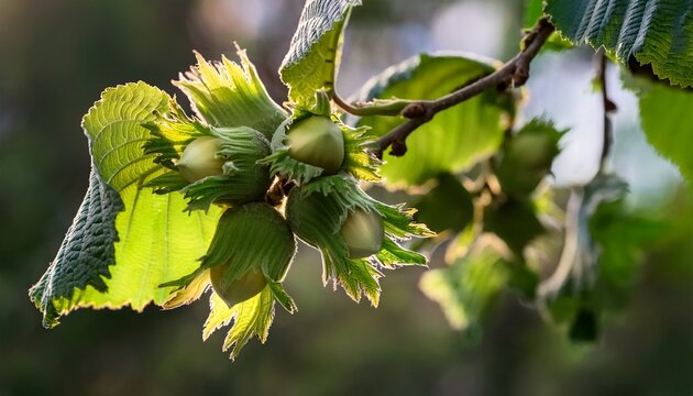 detail of hazelnuts hanging on a branch of a common hazel tree corylus avellana with blurred background