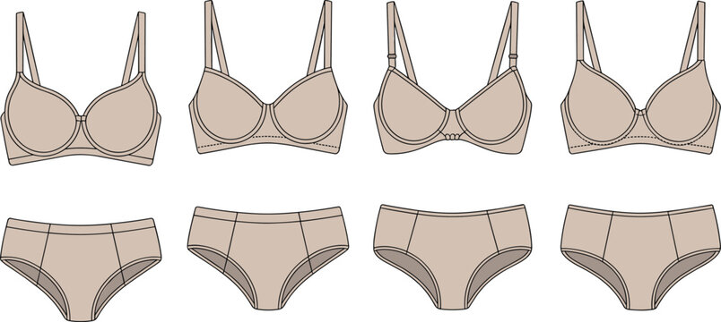 Vector illustration of a large collection of colorful women underwear sets including bras and panties in various flat styles.