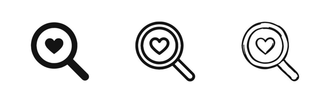 Search for Love and Favorite Heart Magnifying Glass Icon Set