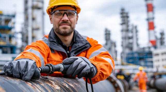 Chemical pipeline inspection, worker in orange coverall running a magnetic flux sensor along a corroded pipe exterior, overcast dramatic sky and refinery towers behind, perfect for pipeline safety, 