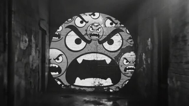 Spooky black and white alleyway with an ominous graffiti of angry faces illuminated by a dim overhead light.