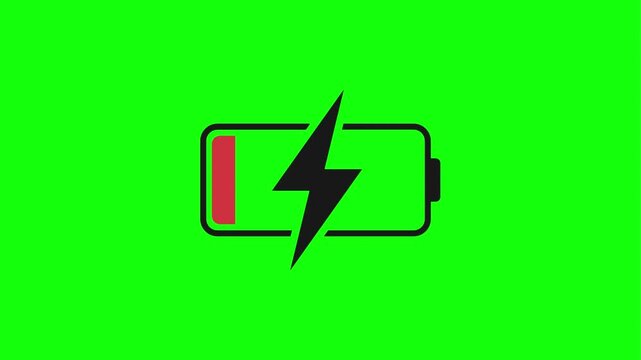 Low battery icon with a lightning bolt and percentage indicator on a green screen background.