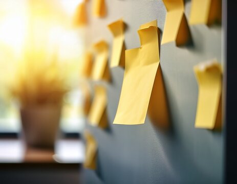 close up of a wall with yellow sticky notes pinned focus on the one in front workspace and strategy concept office lighting with blurred background