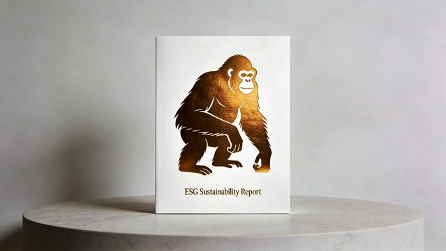 Golden orangutan silhouette, natural pose, white background, metallic gold finish, symbol of rainforest conservation, ESG sustainability report cover, luxury minimal design, soft lighting