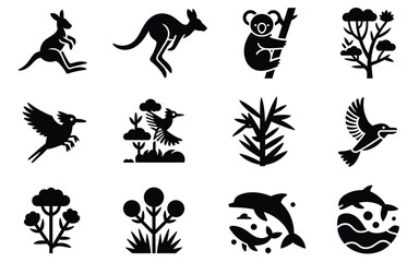 Fototapeta premium Diverse collection of 12 distinct black silhouette icons representing various animals like kangaroos and koalas marine life including dolphins and fish unique australian flora