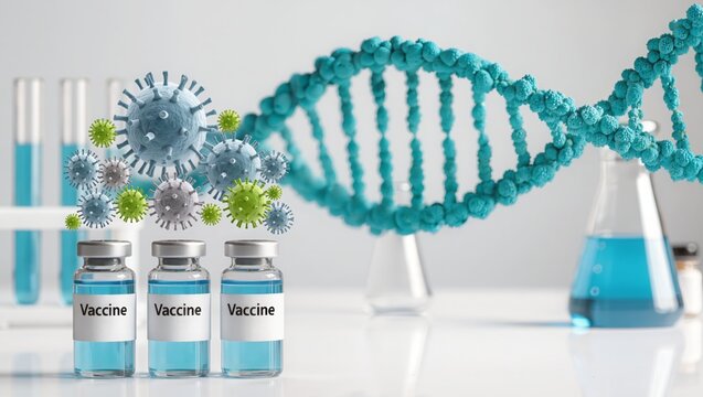 Vaccine vials with virus models and DNA helix in a lab setting. Concept of orthohantavirus, hantavirus immunization, global pandemic response, and pharmaceutical research