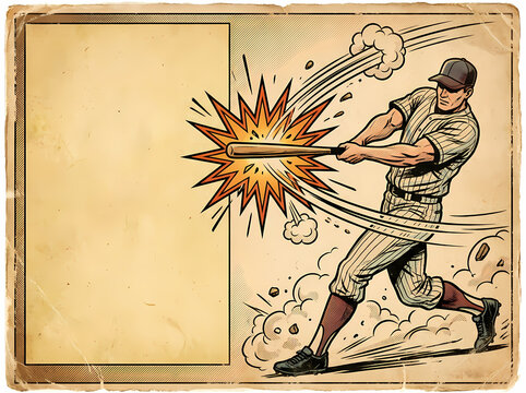 Vintage style baseball player swinging a bat with explosive impact effect.