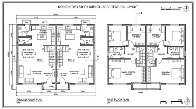 Modern two story duplex architectural layout showing ground and first floor plans with living dining kitchen and bedrooms.