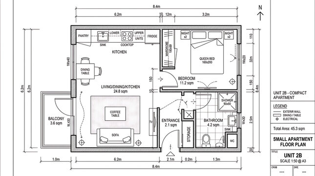Small apartment floor plan unit 2b showcasing compact living dining kitchen bedroom balcony and bathroom layout design schematic.