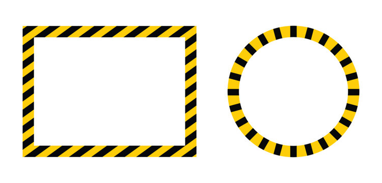 Hazard warning frame collection. Industrial caution stripe borders. Black yellow safety frame design. Construction danger circle template.