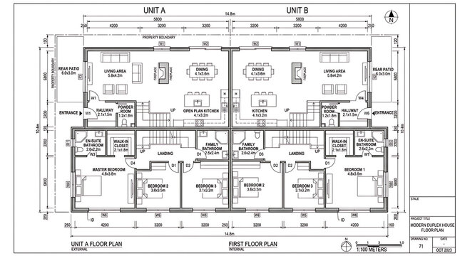 Modern duplex house floor plan design featuring ground and first floor layout with bedrooms bathrooms living and dining areas.