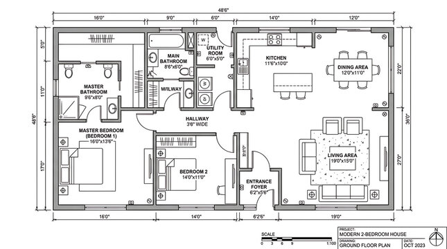 Modern two bedroom house ground floor plan with detailed furniture layout including kitchen island and open living dining area.