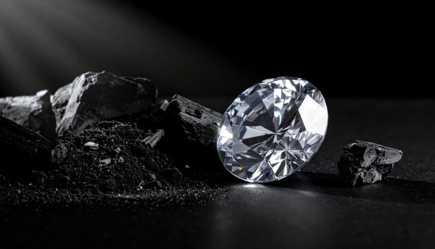 A brilliant cut diamond gemstone shimmering alongside rough coal and powdered graphite materials