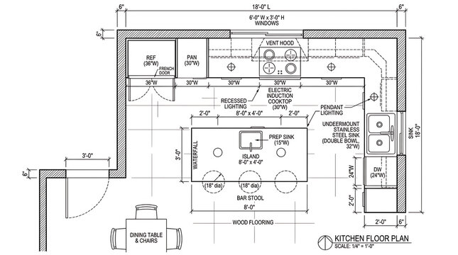 Detailed kitchen floor plan showing cabinet dimensions appliance placement island with waterfall edge and pendant lighting spots.