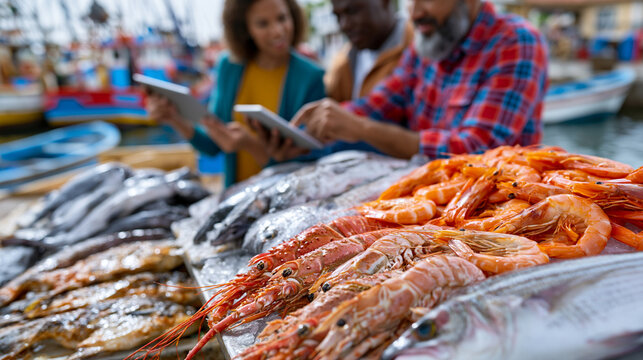 Marine biology vibrant colorful market scene at a harbor where researchers document bycatch species on a field tablet alongside local fishing vendors, fresh catch glistening on ice, boats bobbing in