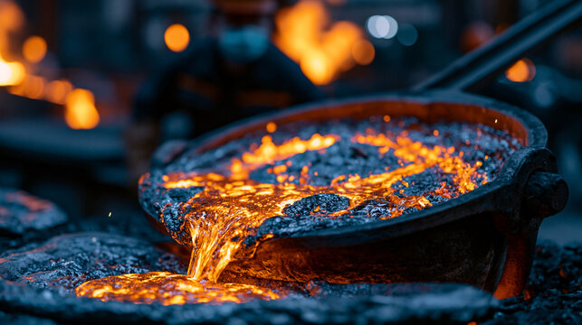 Molten steel pouring from a ladle into a sand mold inside a foundry, fiery orange splash illuminating a masked worker's silhouette against dark iron walls, ideal for heavy industry, metallurgy, and 