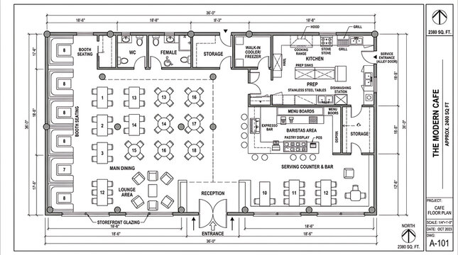The modern cafe floor plan, approx 2400 sq ft, with main dining, lounge area, serving counter, and kitchen.