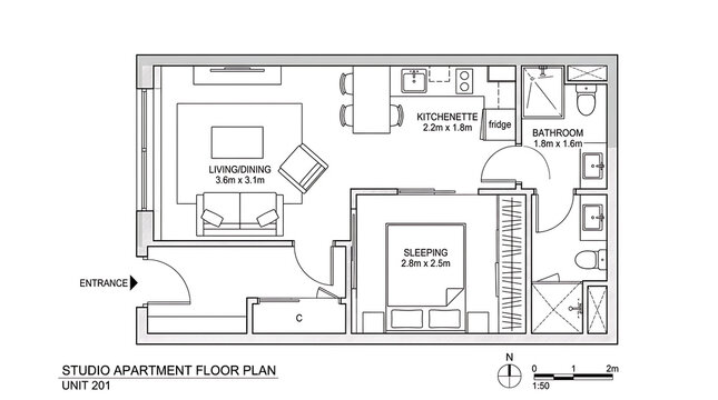 Compact studio apartment floor plan with living sleeping kitchen bathroom layout on white background.