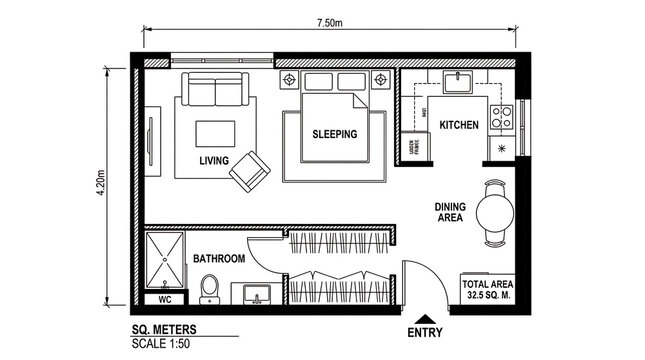 Studio apartment floor plan with living area kitchen sleeping area and bathroom layout on white background.