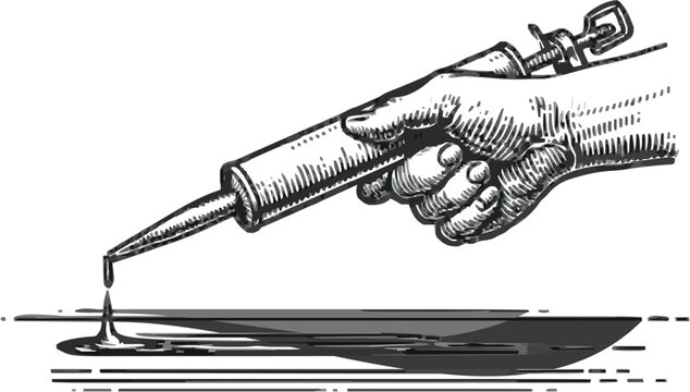 A skilled hand delicately applies sealant around a sink using a vintage monochrome line art caulk gun, showcasing precise craftsmanship in intricate cross-hatching and stippling for rich texture