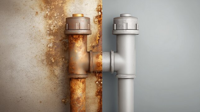 Side by side before after comparison of whole house water filtration result showing a rusted pipe transformed to a clean white pipe symbolizing improved water quality and system restoration.