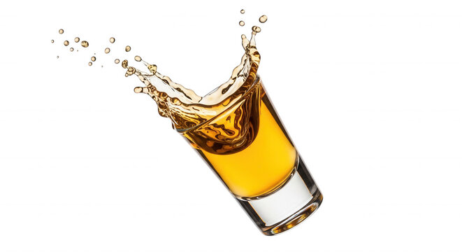 A tilted shot glass filled with golden amber liquid, creating a dynamic splash of droplets isolated against a solid black background