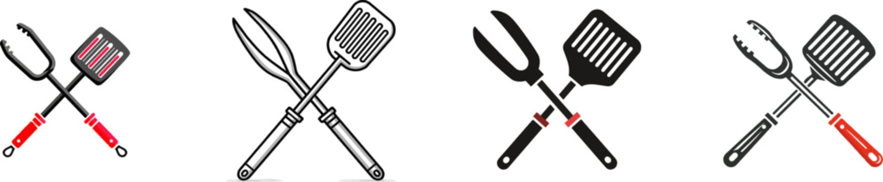 Two crossed metal kitchen tools for grilling with simple handles in a symmetrical layout featuring charcoal gray, bright red, and white colors, rendered in minimalist geometric shapes on