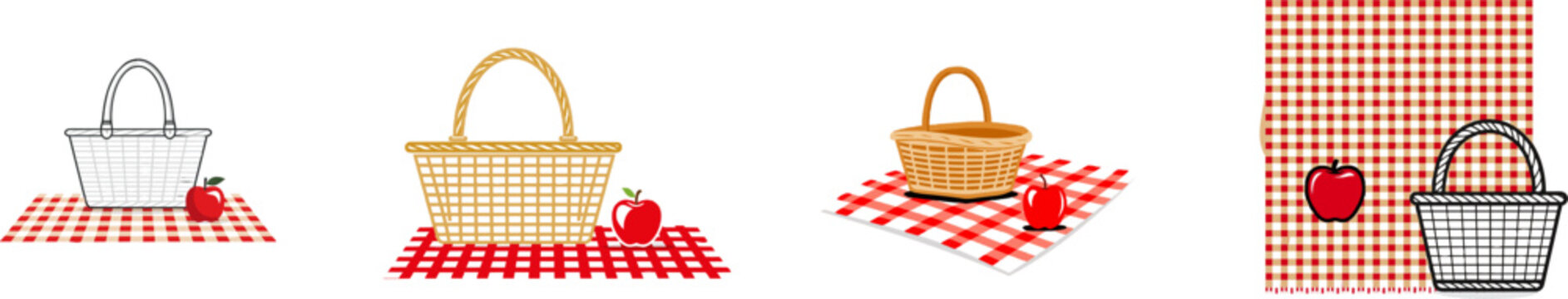 A minimalist picnic scene unfolds with a simple wicker basket and a single red apple on a checkered blanket, all rendered in flat 2D vector art against a high-resolution white background