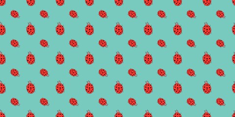 Hand-drawn ladybug seamless pattern with red beetles on a turquoise background. Minimalist doodle insect vector for textile, wallpaper, and nursery decor. © Dunzz