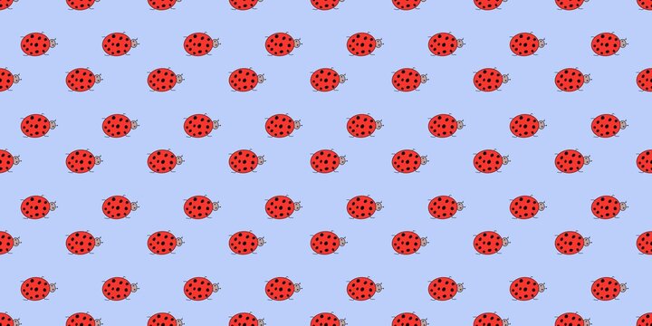 Cute red ladybugs seamless pattern on a light blue pastel background. Ideal for kids' apparel, sky-themed nursery wallpaper, and fresh summer graphic designs.