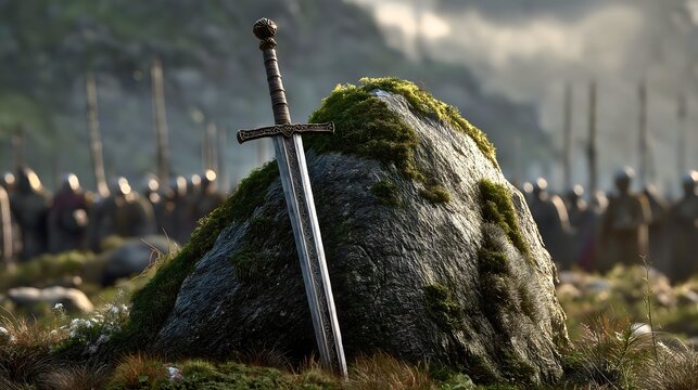 The legendary sword in the stone resting against a large moss-covered boulder in a grassy field, blurred medieval army gathering for an epic battle in the background.